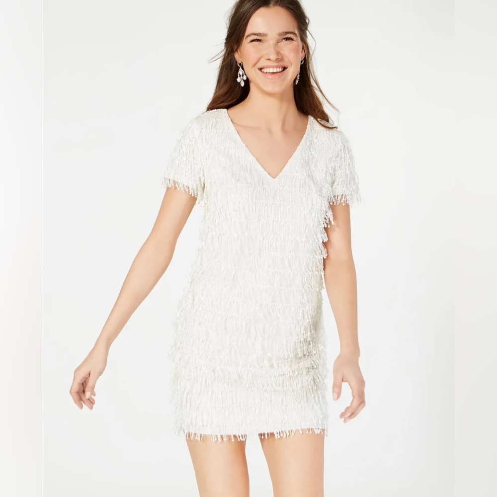 Aidan Mattox Dress Size 10 Ivory Sequined Fringe Shift Cocktail Dress
